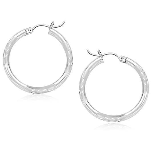 14k White Gold Diamond Cut Hoop Earrings (3x25mm)Monde Trend