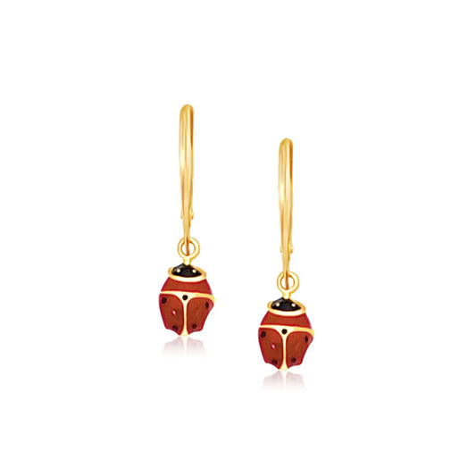 14k Yellow Gold Petite Enamel Lady Bug Drop Earrings RCJ