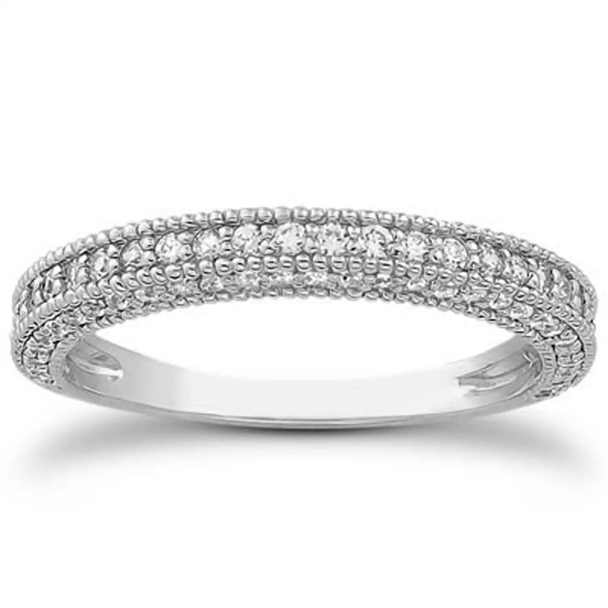 14k White Gold Fancy Pave Diamond Milgrain Textured Wedding Ring BandMonde Trend