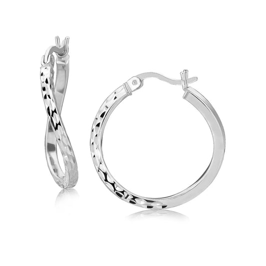 Sterling Silver Rhodium Plated Twist Style Hoop Diamond Cut Earrings (2x20mm) RCJ