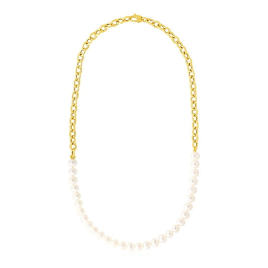 14k Yellow Gold Oval Chain Necklace with Pearls RCJ