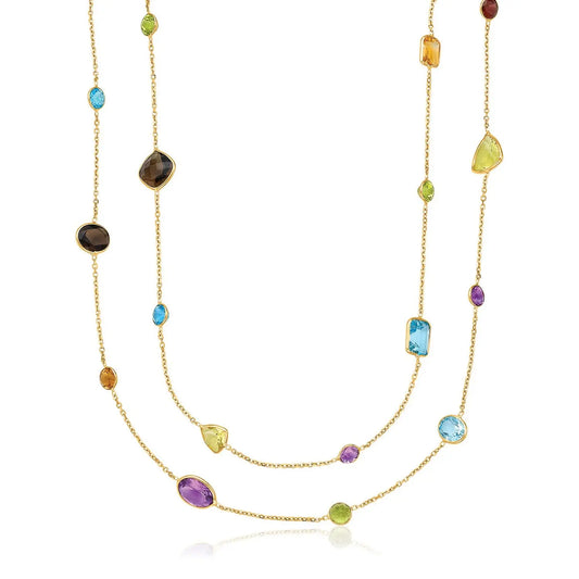 14k Yellow Gold Double Layer Multi Gem Necklace RCJ