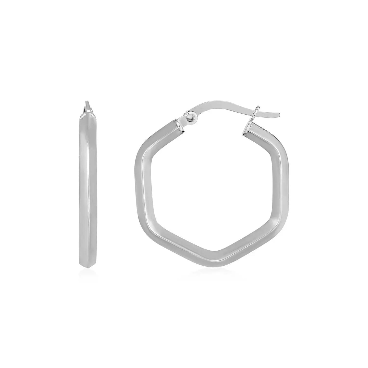 14k White Gold Shiny Hexagon Hoop Earrings RCJ