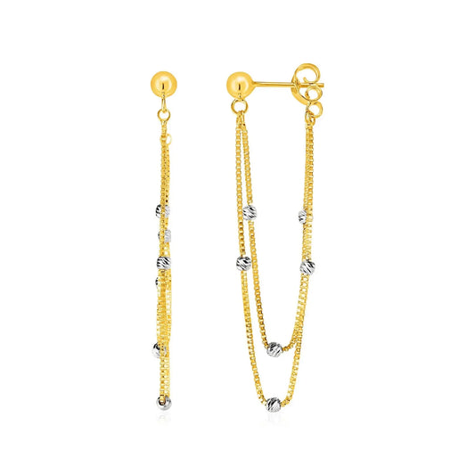 Hanging Chain Post Earrings with Bead Accents in 14k Yellow and White Gold RCJ