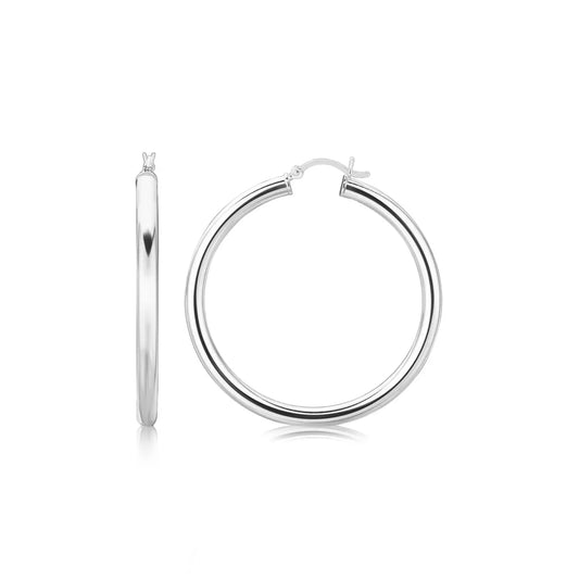 Sterling Silver Rhodium Plated Thick Large Polished Hoop Design Earrings (4x40mm) RCJ