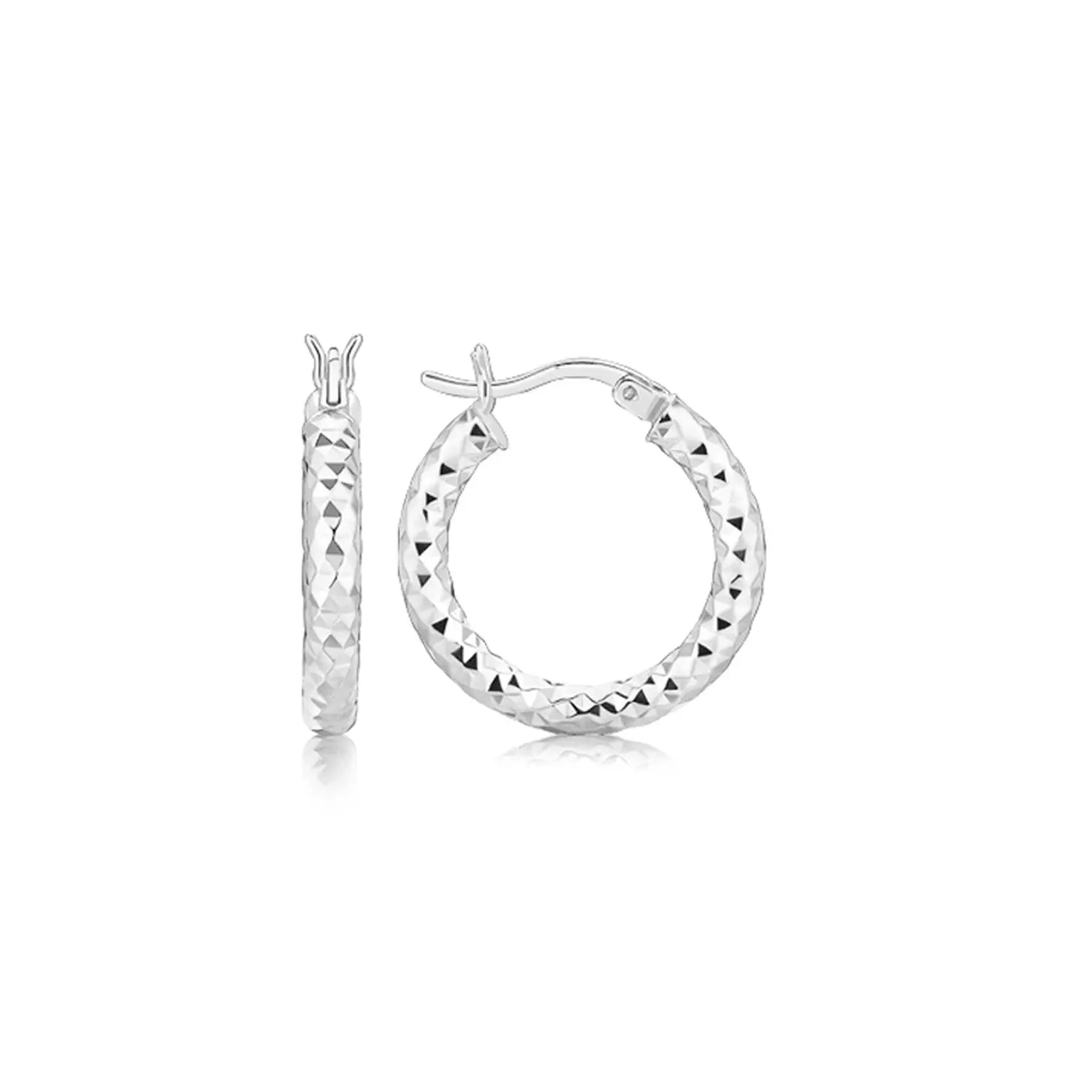 Sterling Silver Polished Rhodium Plated Faceted Hoop Style Earrings(3x15mm) RCJ