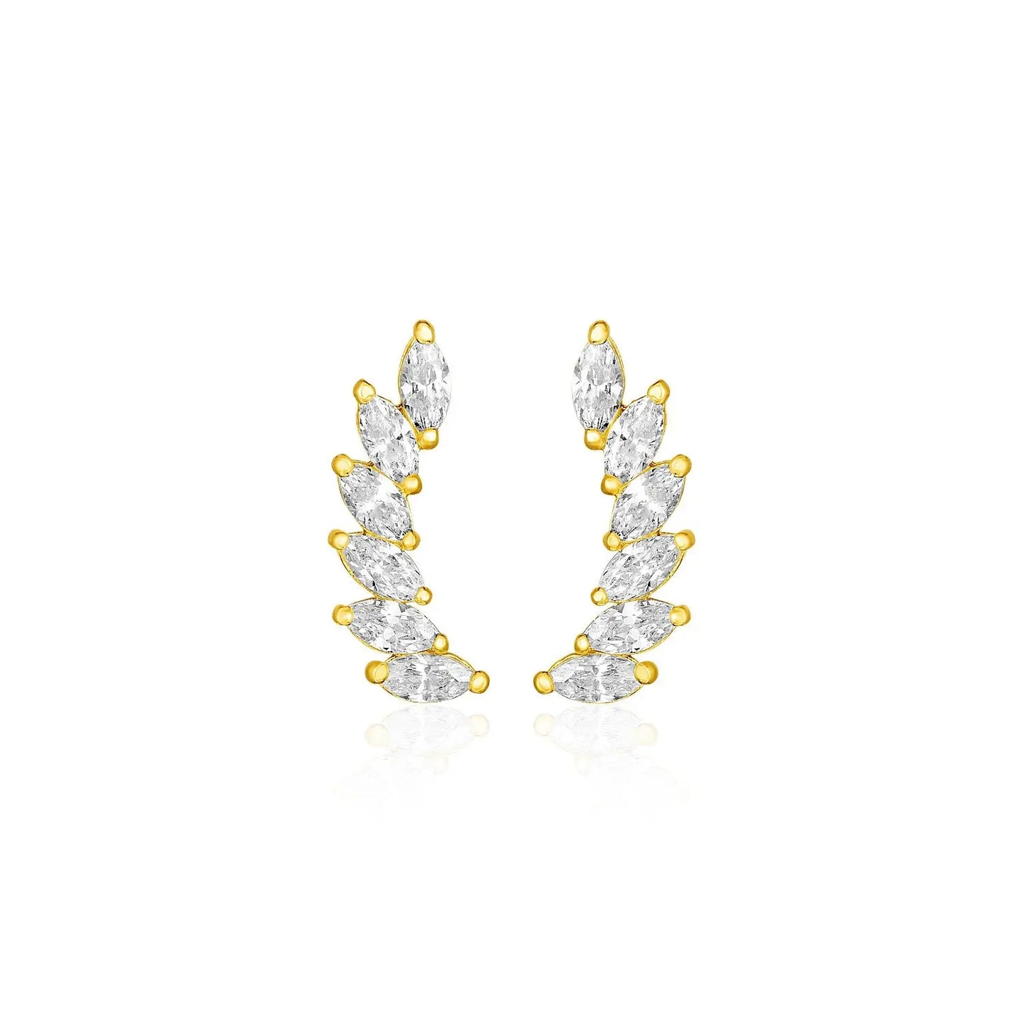 14k Yellow Gold Leaf Motif Climber Post Earrings with Marquise Cubic Zirconias RCJ