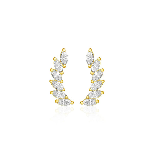 14k Yellow Gold Leaf Motif Climber Post Earrings with Marquise Cubic Zirconias RCJ