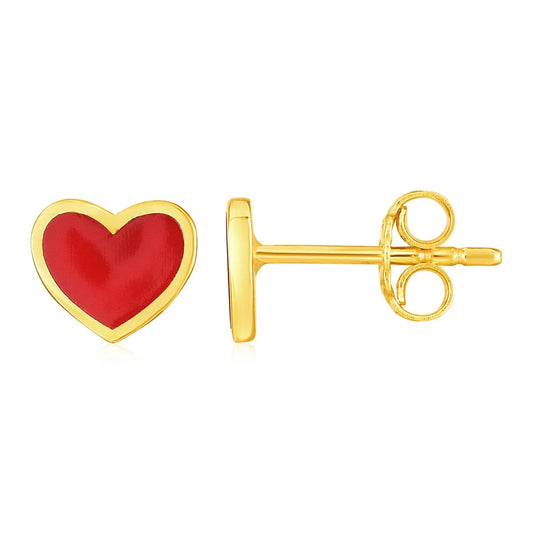 14k Yellow Gold and Enamel Red Heart Stud Earrings RCJ