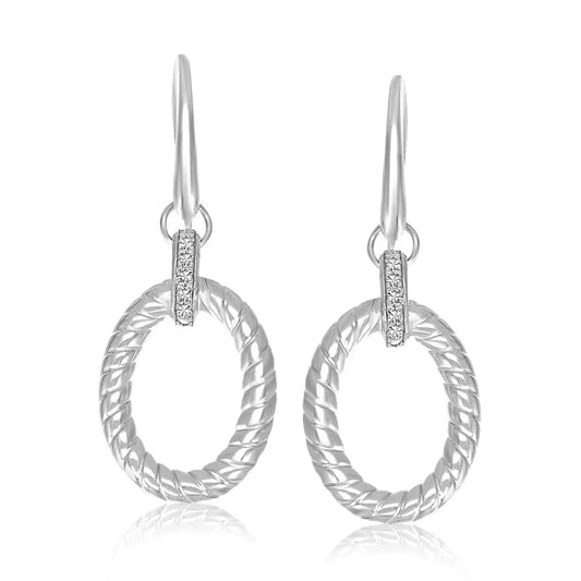 Sterling Silver Rhodium Finished Diamond Embellished Oval Rope Drop Earrings RCJ