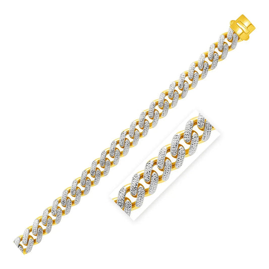 14k Two Tone Gold 8 1/2 inch Wide Curb Chain Bracelet with White Pave (13.50 mm)Monde Trend