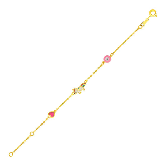 14k Yellow Gold 5 1/2 inch Childrens Bracelet with Enameled Heart Unicorn and Circle (1.00 mm) RCJ