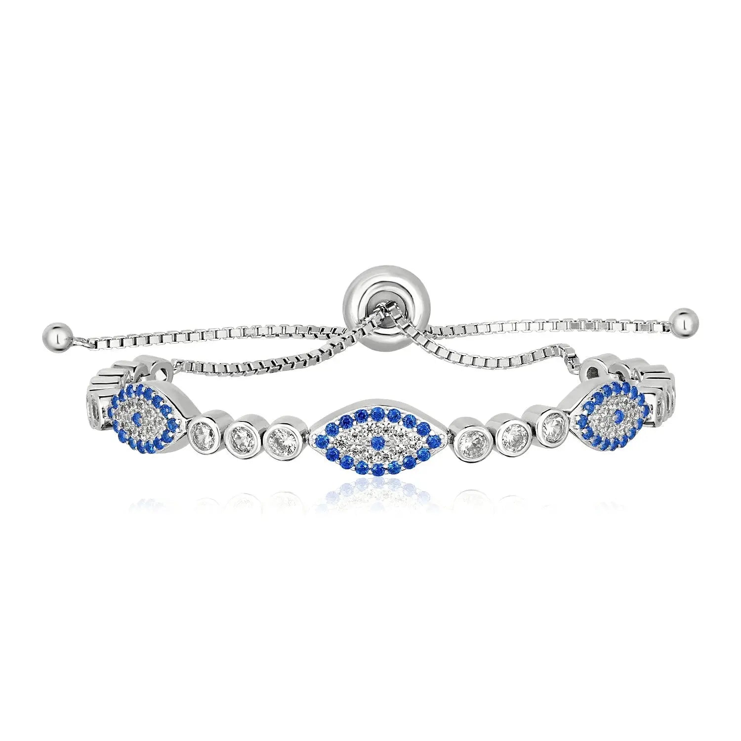 Sterling Silver Adjustable Enameled Evil Eye Bracelet with Cubic Zirconias (6.50 mm) RCJ