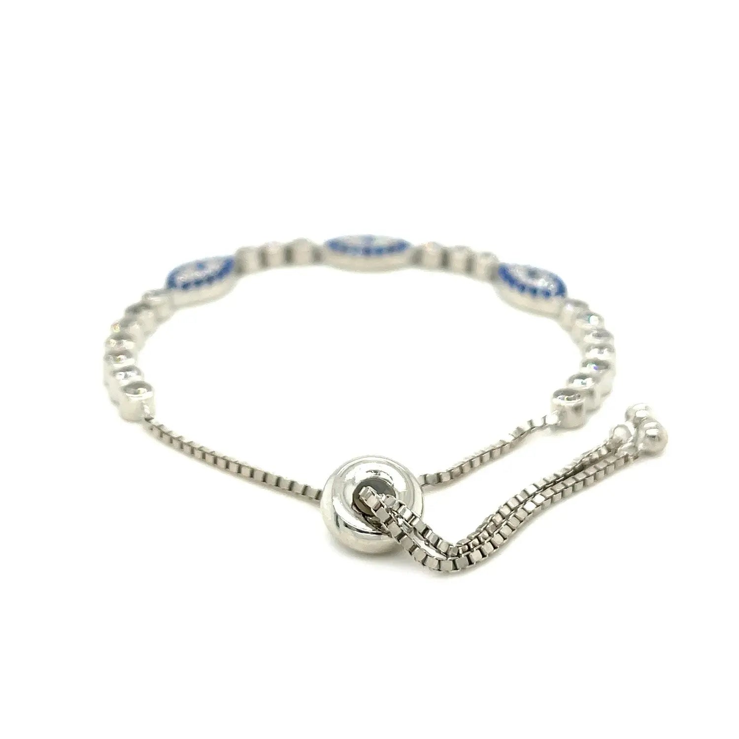 Sterling Silver Adjustable Enameled Evil Eye Bracelet with Cubic Zirconias (6.50 mm) RCJ