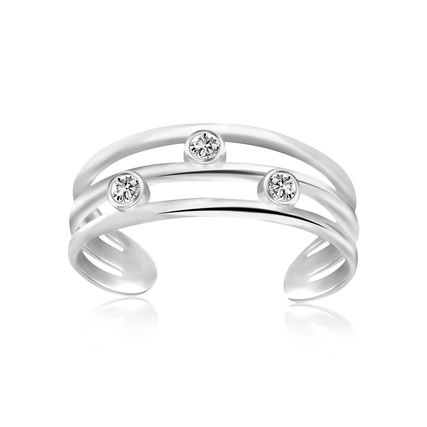 Sterling Silver Rhodium Plated Triple Line Open Motif Cubic Zirconia Toe Ring RCJ