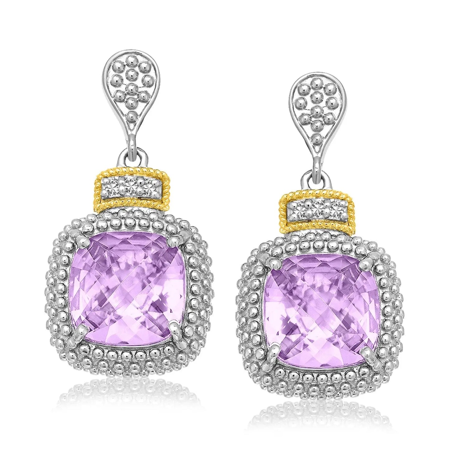 18k Yellow Gold & Sterling Silver Cushion Amethyst & Diamond Earrings (.05cttw) RCJ