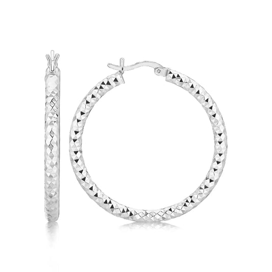 Sterling Silver Faceted Motif Large Hoop Earrings with Rhodium Plating(4x25mm) RCJ