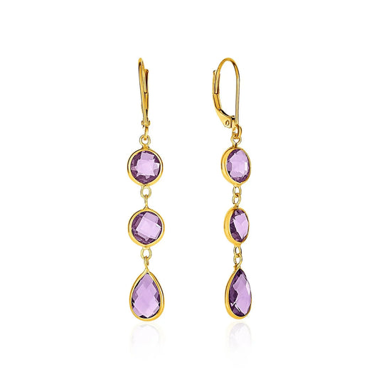 Drop Earrings with Round and Pear-Shaped Amethysts in 14k Yellow Gold RCJ