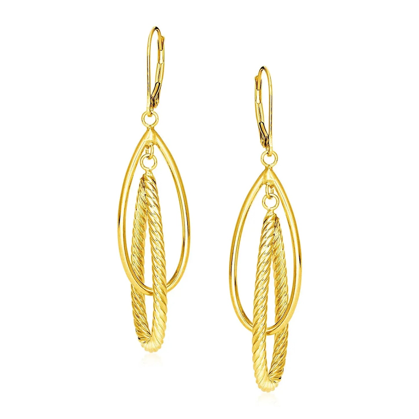 14k Yellow Gold Earrings with Shiny and Textured Teardrop Dangles RCJ