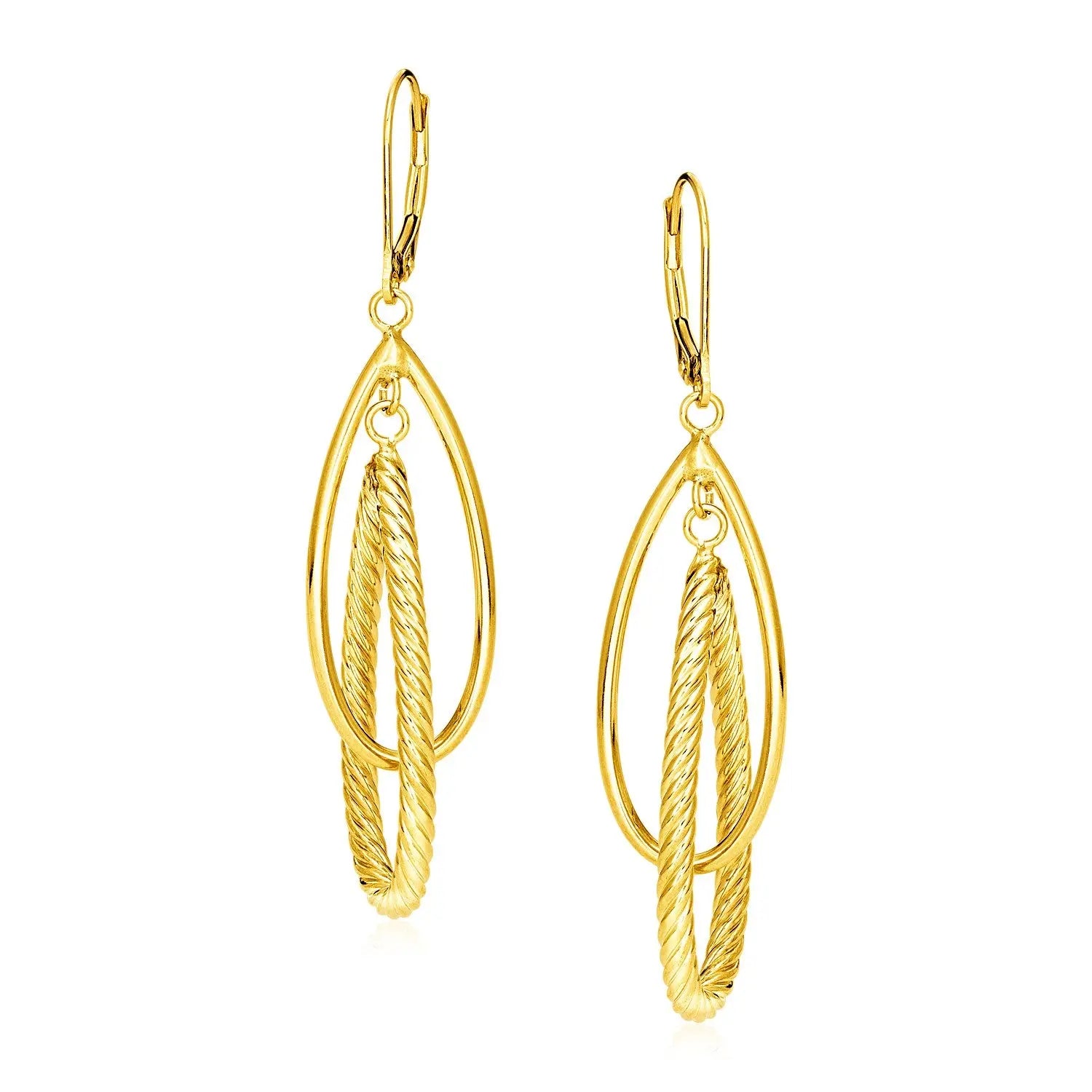 14k Yellow Gold Earrings with Shiny and Textured Teardrop Dangles RCJ