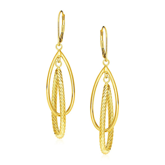 14k Yellow Gold Earrings with Shiny and Textured Teardrop Dangles RCJ