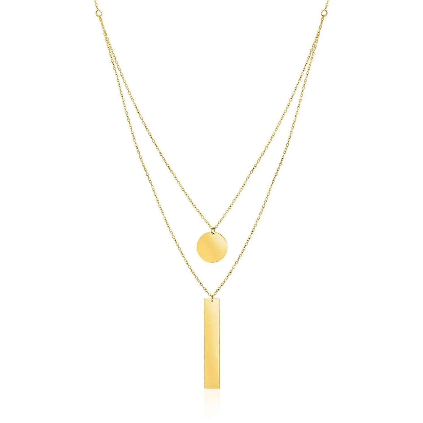 14k Yellow Gold 18 inch Two Strand Necklace with Circle and Bar Pendants RCJ