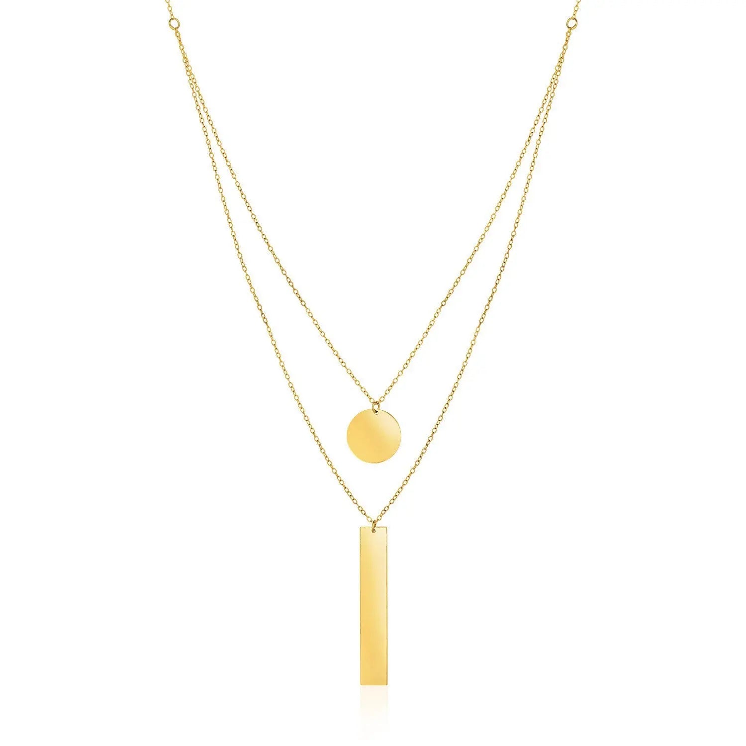 14k Yellow Gold 18 inch Two Strand Necklace with Circle and Bar Pendants RCJ