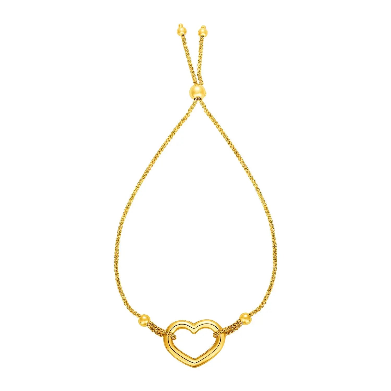 Adjustable Bracelet with Shiny Open Heart in 14k Yellow Gold (1.00 mm) RCJ