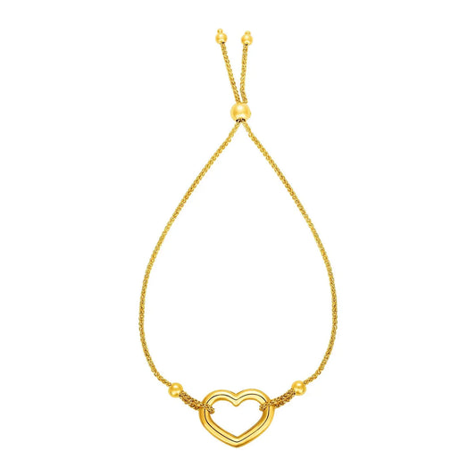 Adjustable Bracelet with Shiny Open Heart in 14k Yellow Gold (1.00 mm) RCJ