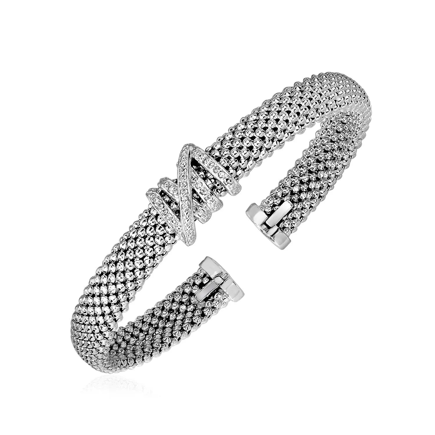 Popcorn Texture Cuff Bangle with Diamonds in Sterling Silver (8.00 mm) RCJ