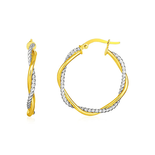 14k Yellow and White Gold Two Part Textured Twisted Round Hoop Earrings(3x23mm) RCJ