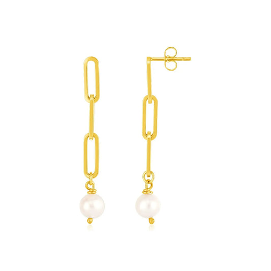 14k Yellow Gold Paperclip Chain Link Earrings with Pearls RCJ