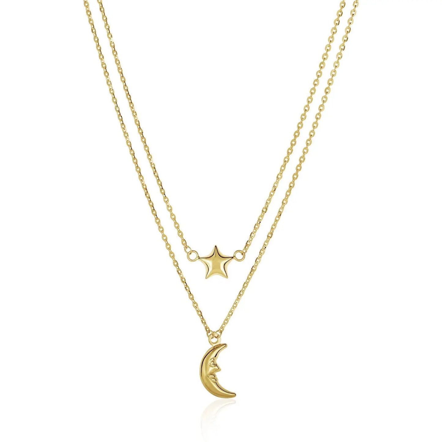 14k Yellow Gold Double-Strand Chain Necklace with Puff Moon and Star RCJ