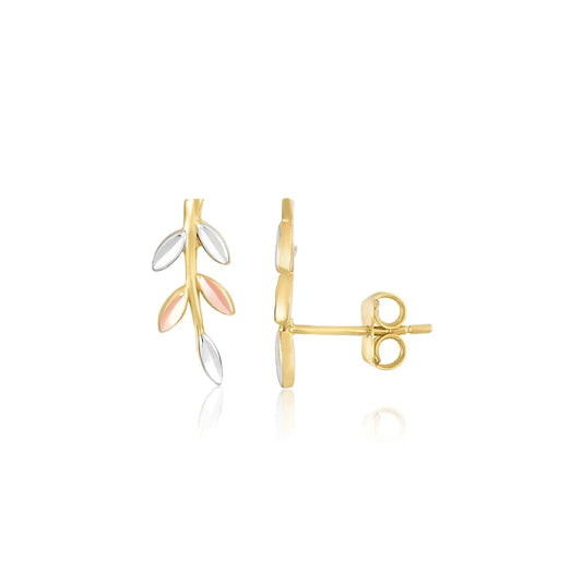 14k Tri-Color Gold Sprig Climber Style Stud EarringsMonde Trend