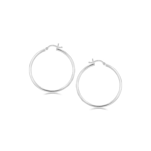 Sterling Silver Rhodium Plated Thin and Polished Hoop Style Earrings (2x35mm) RCJ