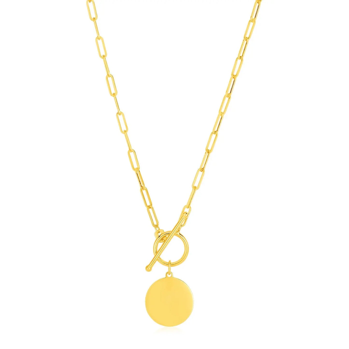 14k Yellow Gold Paperclip Chain Necklace with Circle Pendant RCJ