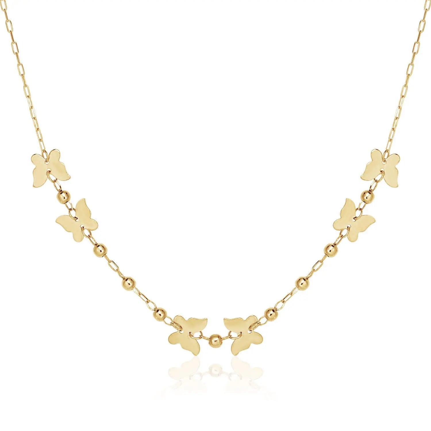 14k Yellow Gold 18 inch Necklace with Polished Butterflies and Beads RCJ