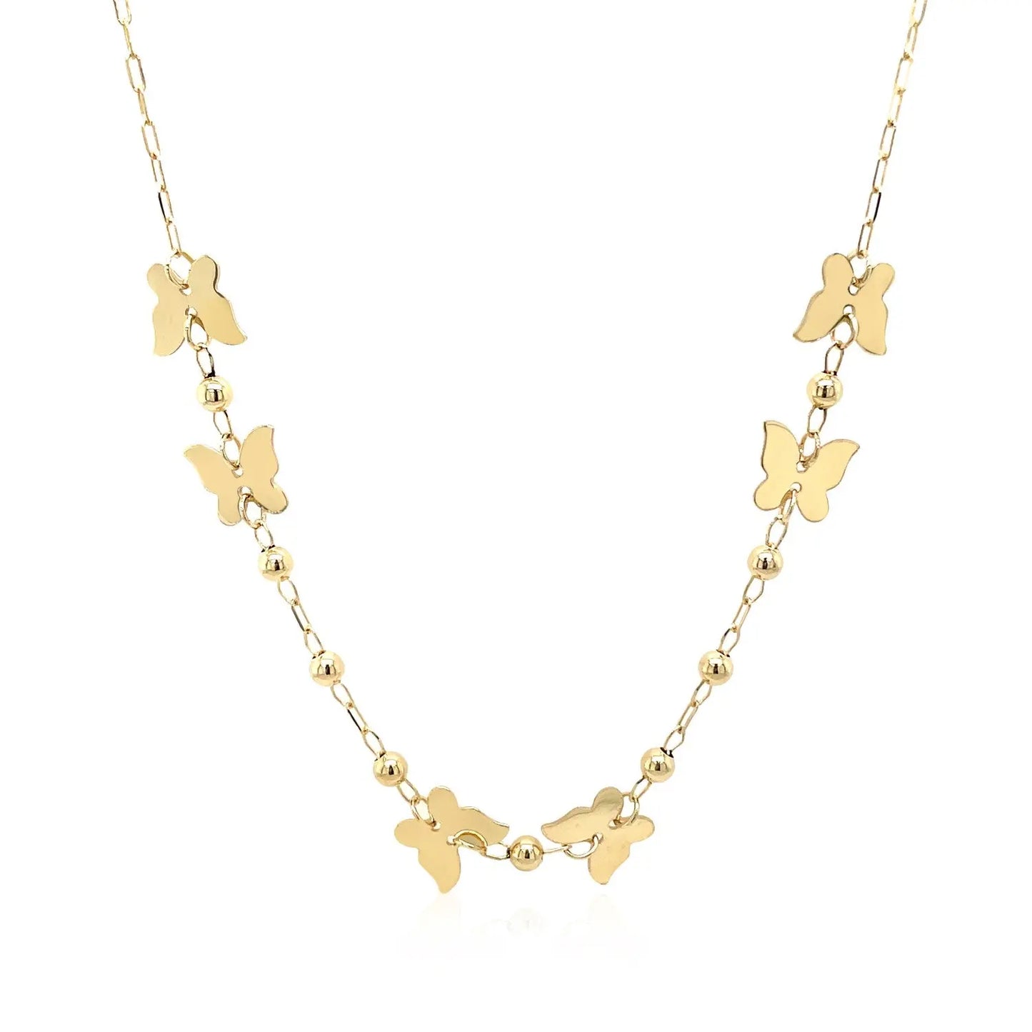 14k Yellow Gold 18 inch Necklace with Polished Butterflies and Beads RCJ