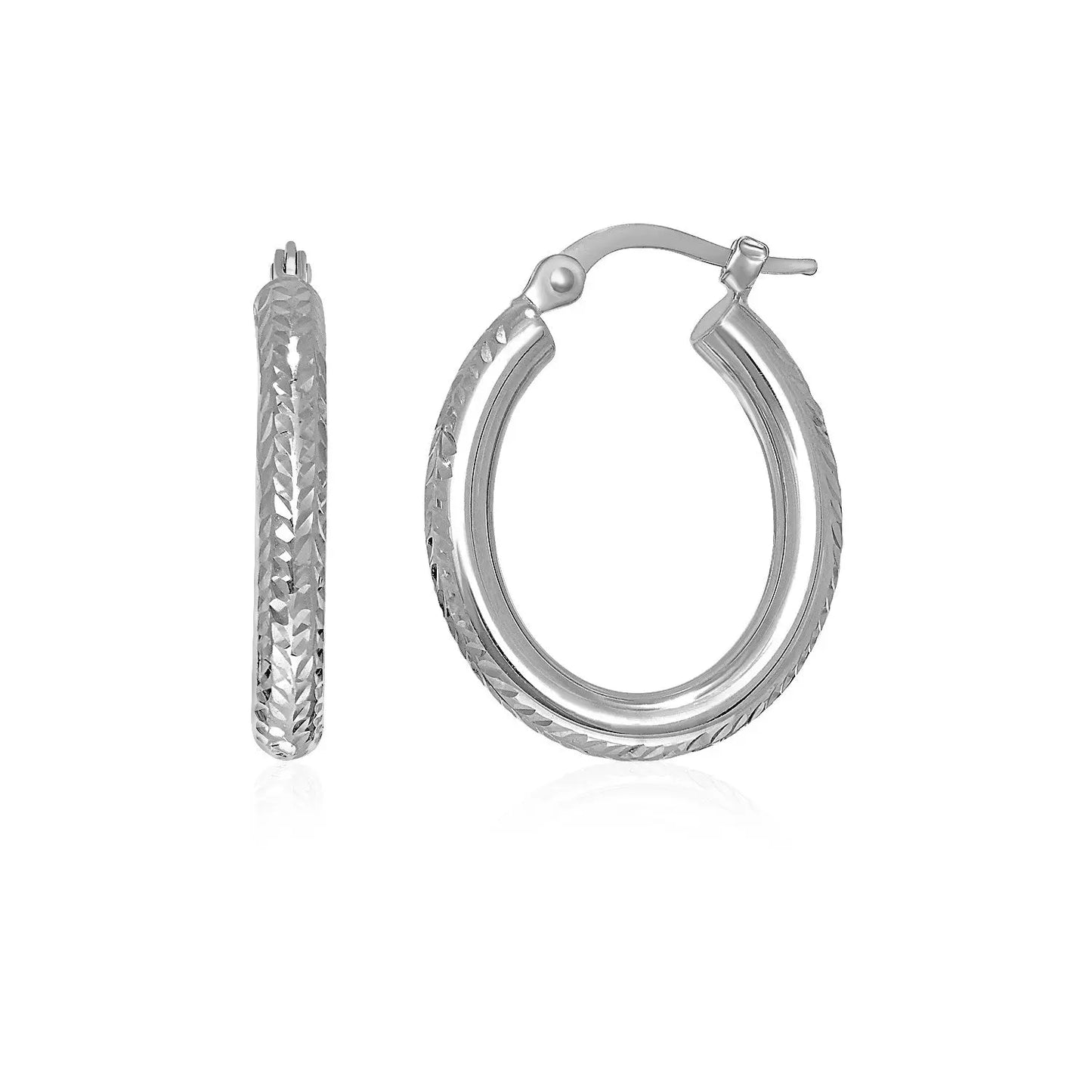 14k White Gold Diamond Cut Textured Oval Hoop Earrings.Monde Trend