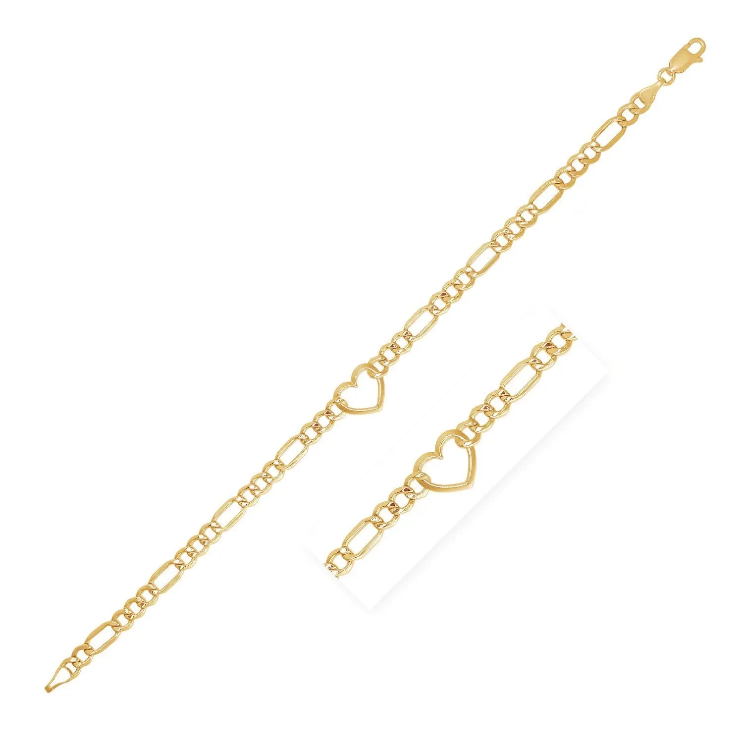 14k Yellow Gold 7 inch Figaro Chain Bracelet with Heart (4.50 mm) RCJ