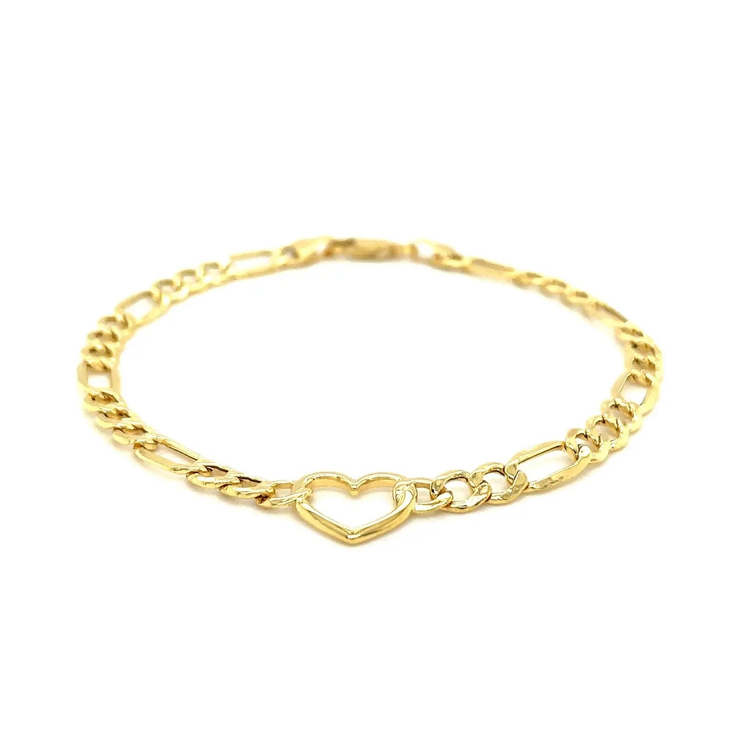 14k Yellow Gold 7 inch Figaro Chain Bracelet with Heart (4.50 mm) RCJ