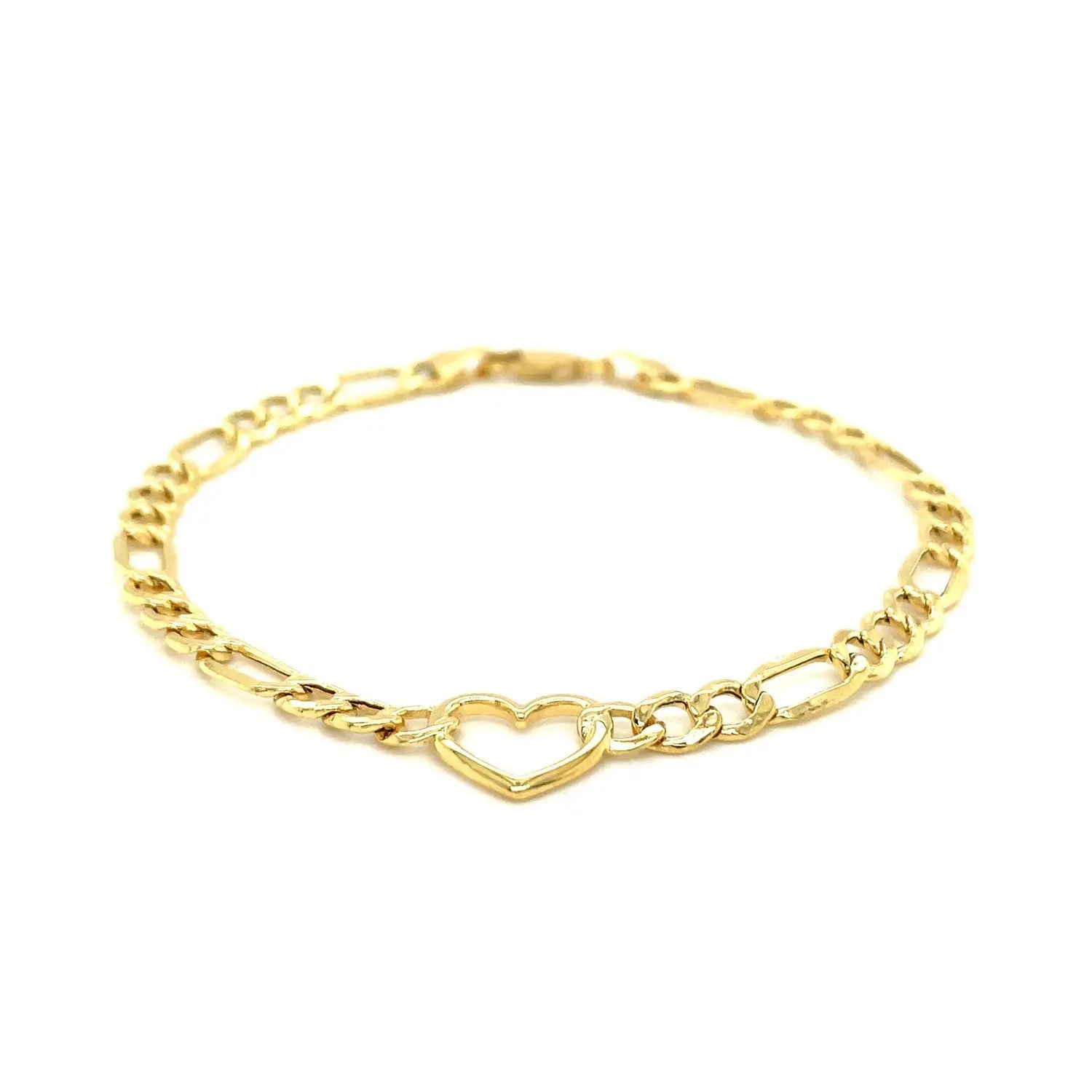 14k Yellow Gold 7 inch Figaro Chain Bracelet with Heart (4.50 mm) RCJ