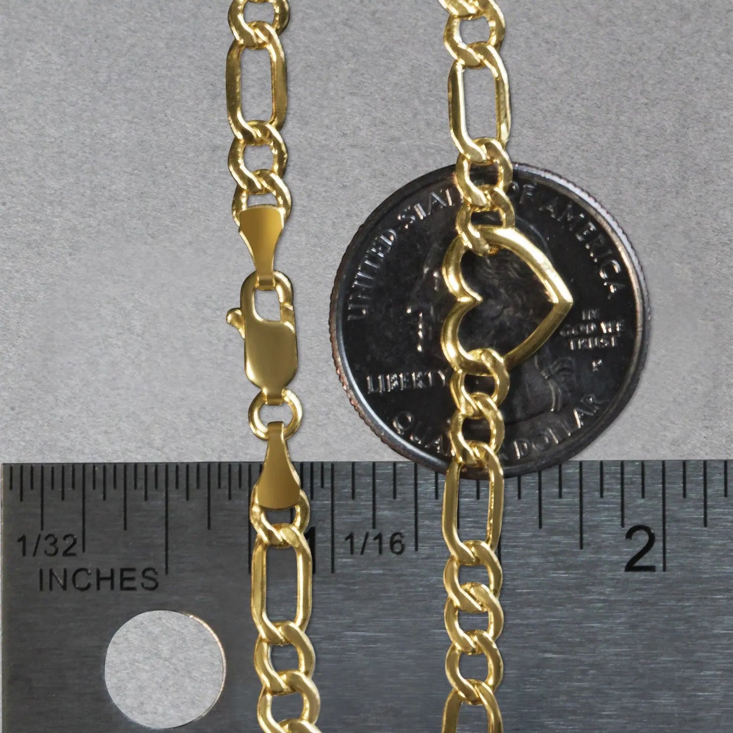 14k Yellow Gold 7 inch Figaro Chain Bracelet with Heart (4.50 mm) RCJ