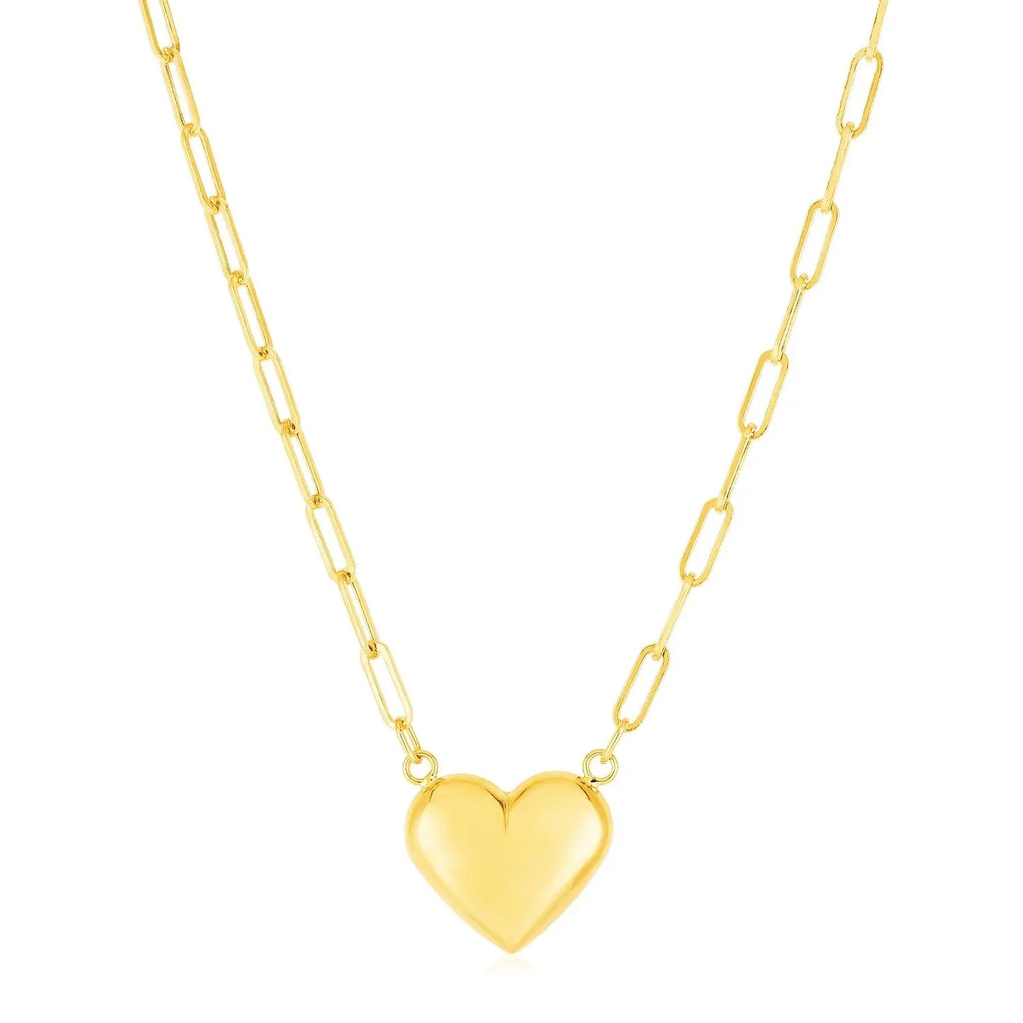 14k Yellow Gold Paperclip Chain Necklace with Puffed Heart RCJ