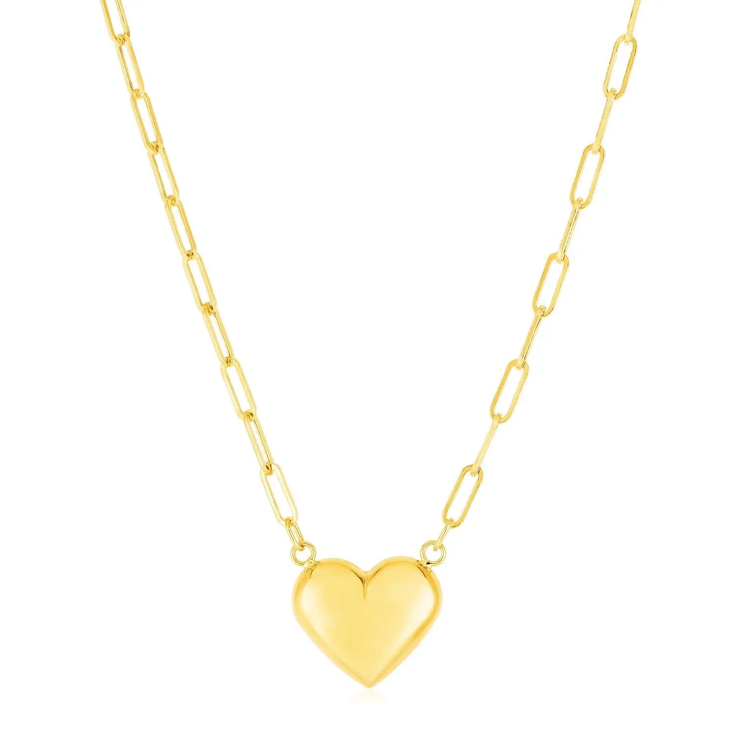 14k Yellow Gold Paperclip Chain Necklace with Puffed Heart RCJ