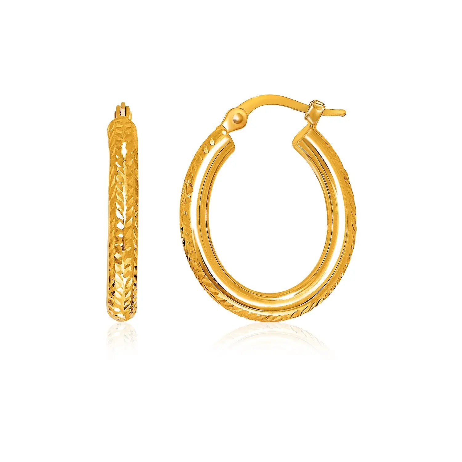 14k Yellow Gold Diamond Cut Textured Oval Hoop Earrings. RCJ