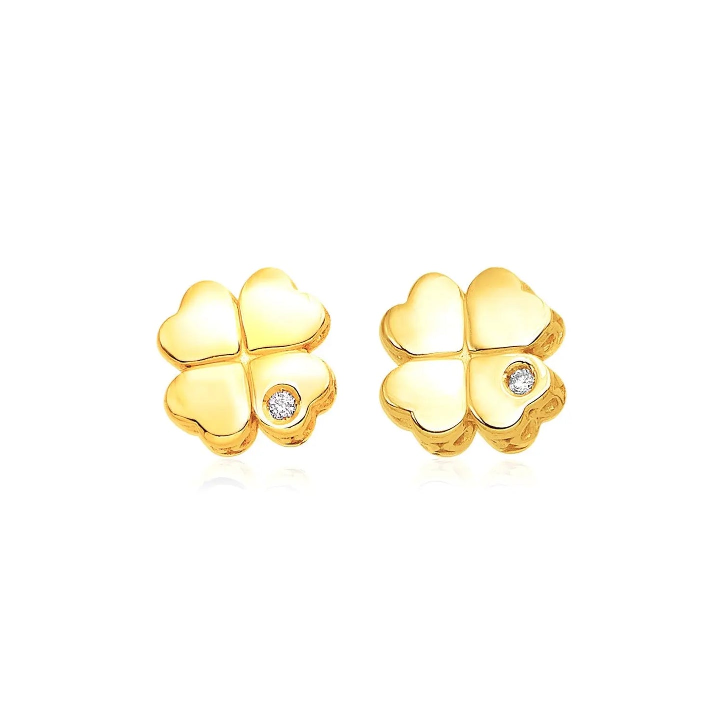 14k Yellow Gold Polished Four Leaf Clover Earrings with Diamonds(7mm) RCJ