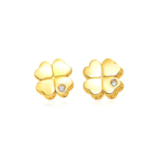 14k Yellow Gold Polished Four Leaf Clover Earrings with Diamonds(7mm) RCJ