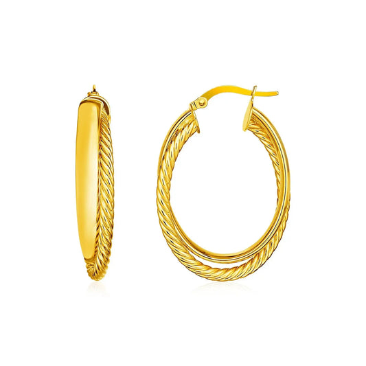 14k Yellow Gold Two Part Textured Twisted Oval Hoop Earrings RCJ