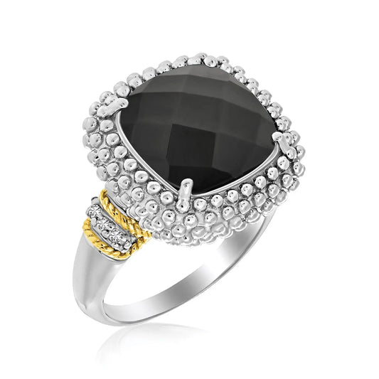 18k Yellow Gold & Sterling Silver Black Onyx and Diamond Popcorn Cushion Ring RCJ